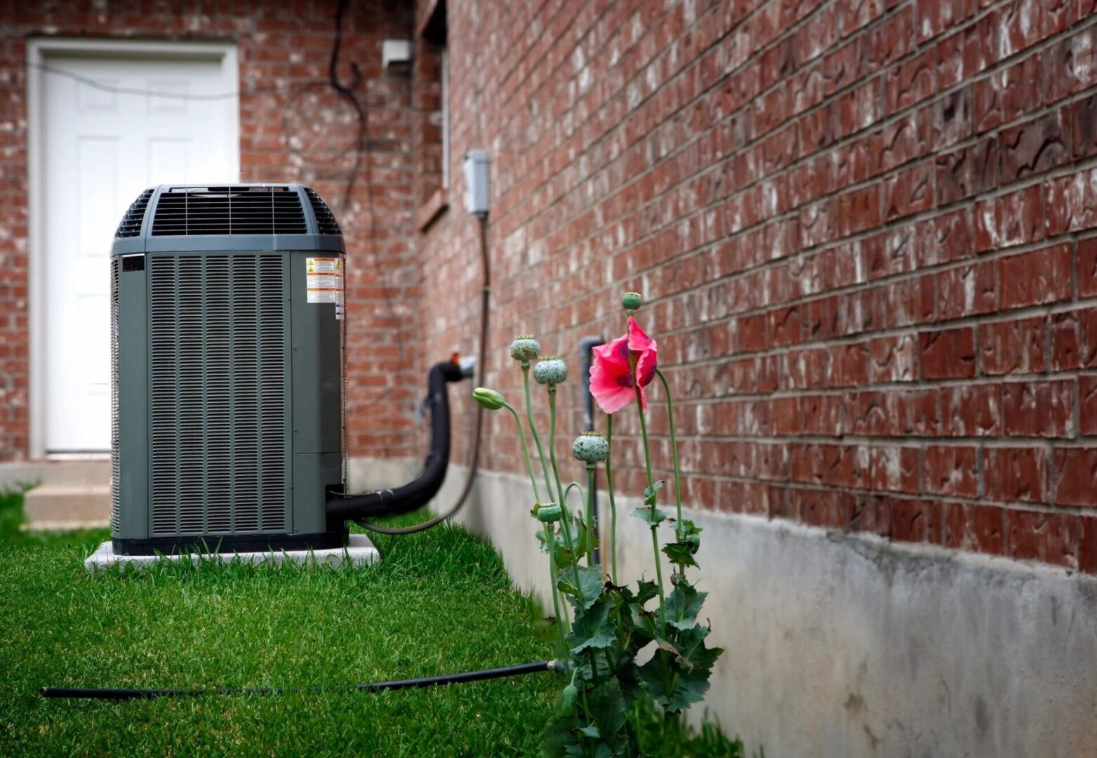 Air conditioning unit beside brick house and poppy